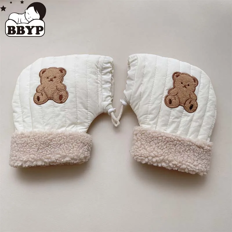 

Cute Embroidery Bear White Gloves Plush Thickened Winter Keep Warm Students Ride Cold Windproof Underwear Bare Fingers Gloves