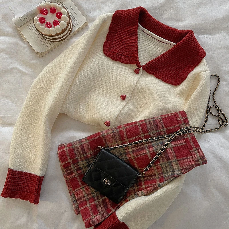 

Autumn Winter Sweet Preppy Style Knitted Sweater Casual Hit Color Long Sleeve Sweater Fashion Milk White Cardigan Sweater N509