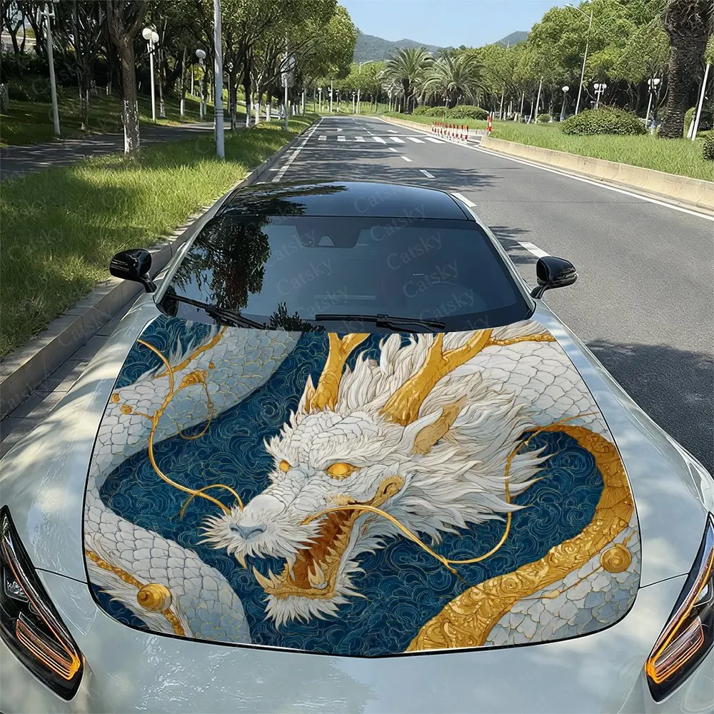 

Golden Eyed White Dragon Car Vinyl Wraps Car Hood Film Self-adhesive Sticker Waterproof And Scratch Resistant, Suitable For Most