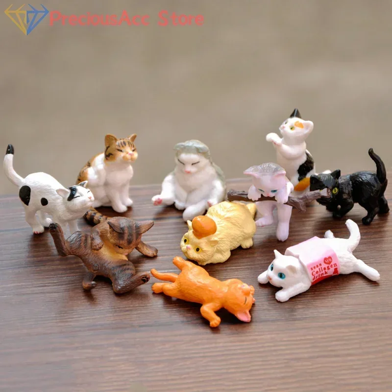 10pcs/set Cute Cat Miniature Ornaments Kitten Figurines Model Gifts For Kids Children Birthday Desk Car Garden Home Decoration