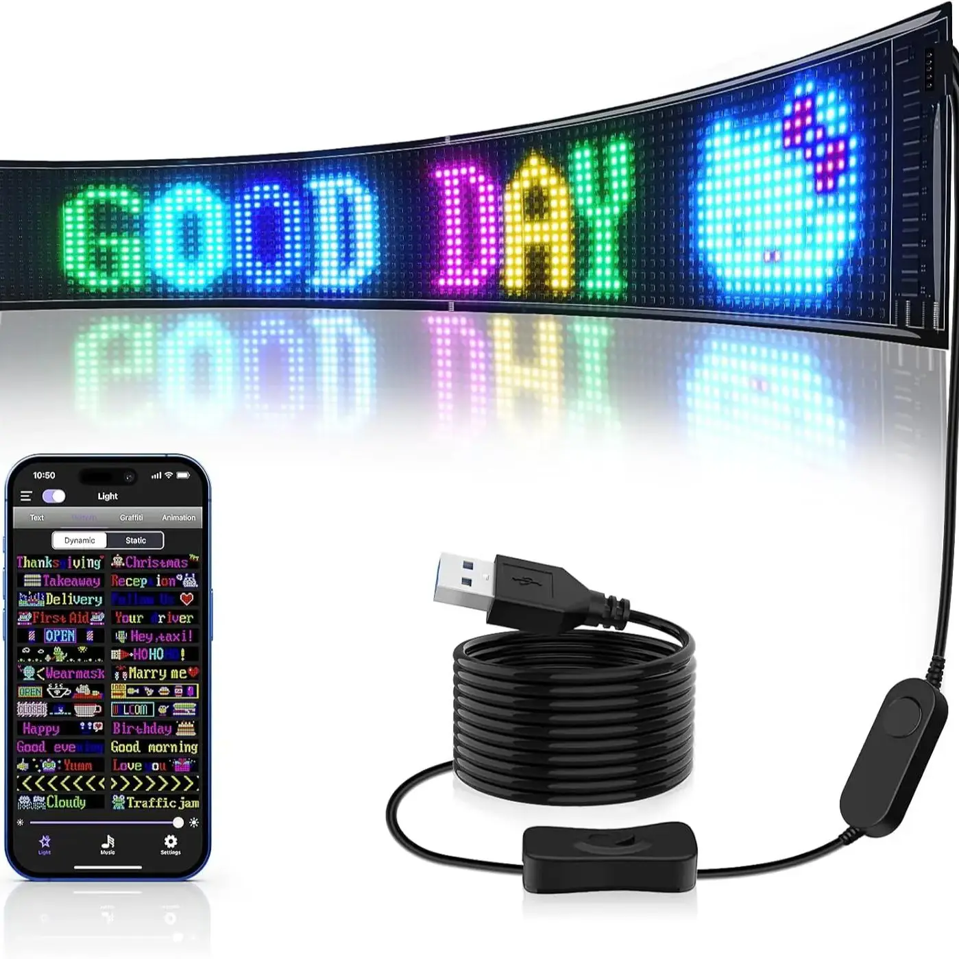 GOTUS-Panneau publicitaire lumineux LED, USB 5V, Bluetooth, motif de texte CED, pour voiture