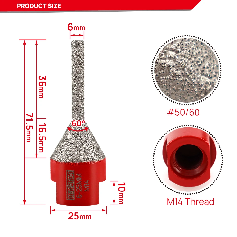DT-DIATOOL 6mm x 25mm diamante dedo bit cone chanfradura moagem porcelana telha de mármore fresas m14