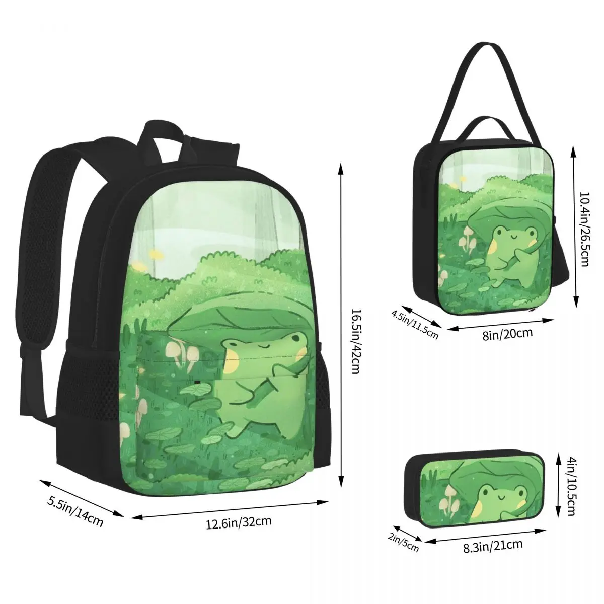 Cute Frog Under Leaf Rain Design Backpacks Boys Girls Bookbag School Bags Children Rucksack Lunch Bag Pen Bag Three-Piece Set