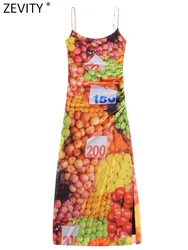 Zevity-Robe mi-longue en maille à imprimé patchwork de fruits doux pour femmes, robe de soirée mince, fendue sur le côté, chic et éducative, DS4718, nouvelle marque, 2023