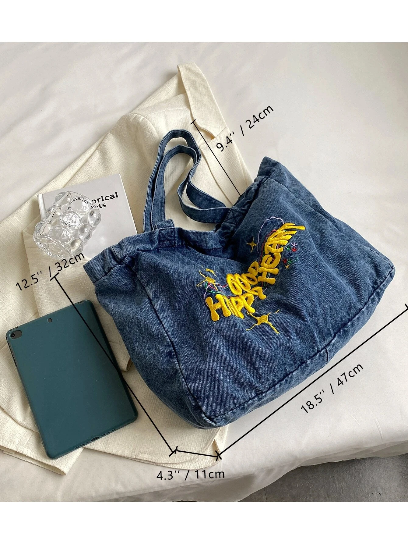 Trendy Denim Pattern Casual Travel Versatile Shoulder Tote Bag Star & Letter Embroidered Shopper Bag Fashionable Shoulder Bag