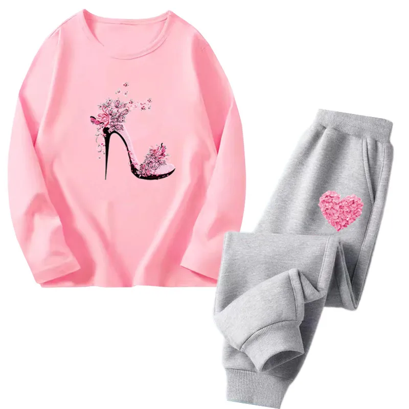 

Girls Fashion Spring Clothes Set Butterfly Highheels Print Long Sleeved T-shirt Top +Pants 2pcs Outfit Autumn Suits