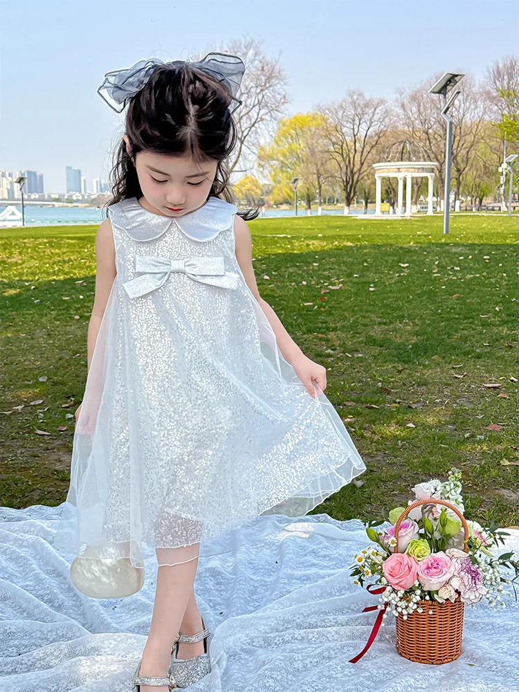 

2025Новая летняя тюлевая юбка с блестками и бантом для девочек