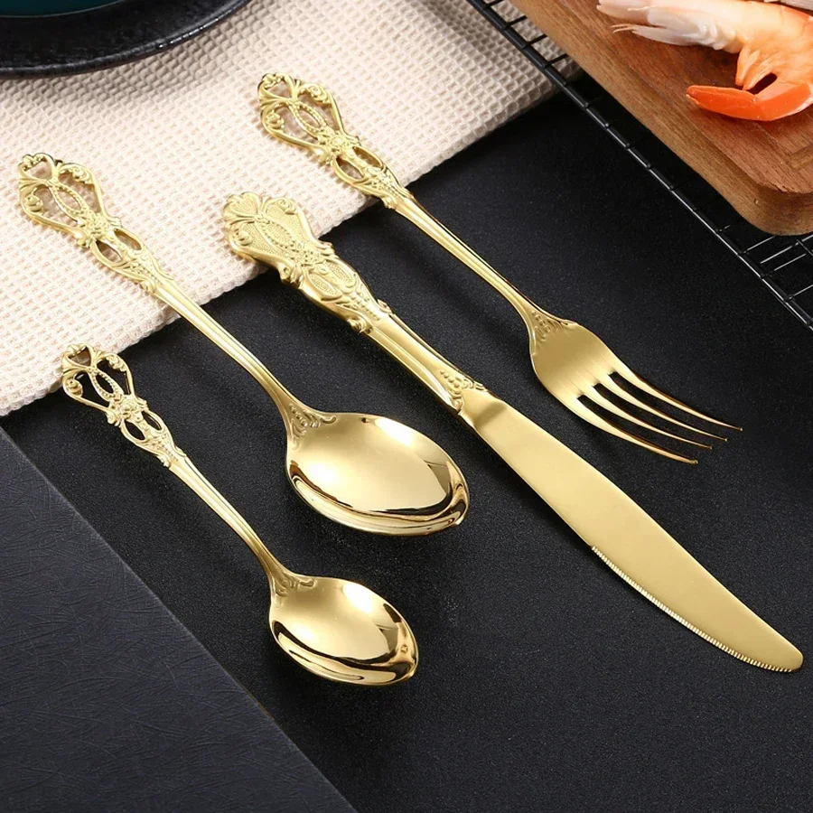 24/32pcs Gold Dinnerware Set Stainless Steel Royal Spoon Forks Knives Kitchen Cutlery Western Dinner Silverware Tableware Gift