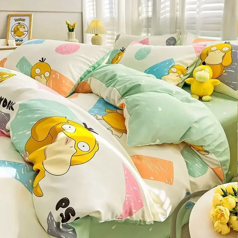 100% Cotton Duvet Set Pokemon Psyduck Eevee 4pcs Set Kids Pure Cotton 3pcs Pack of Bed sheets Pillow cases duvet covers