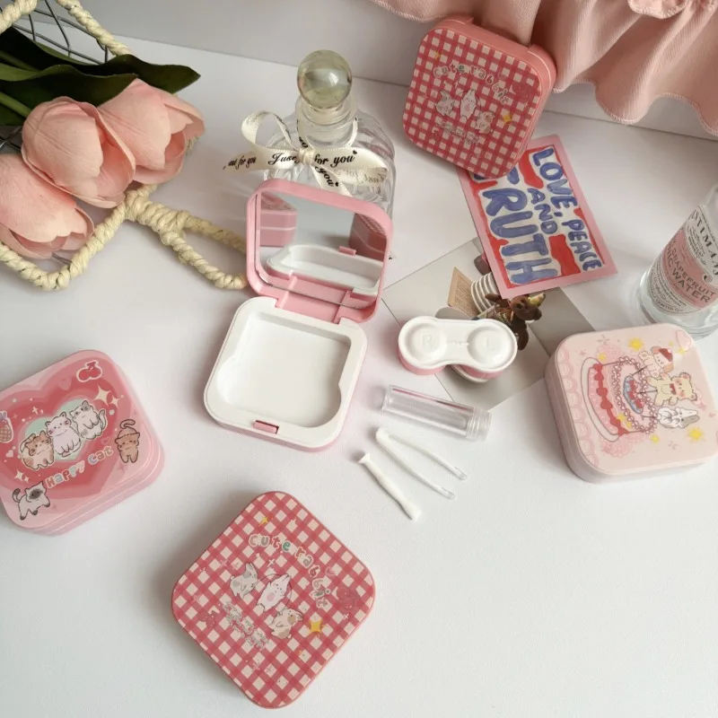 

Kawaii Cat Contact Lens Case Red Pink Portable Mirror Ontact Lens Storage Box Cute Design for Girls Travel Essential