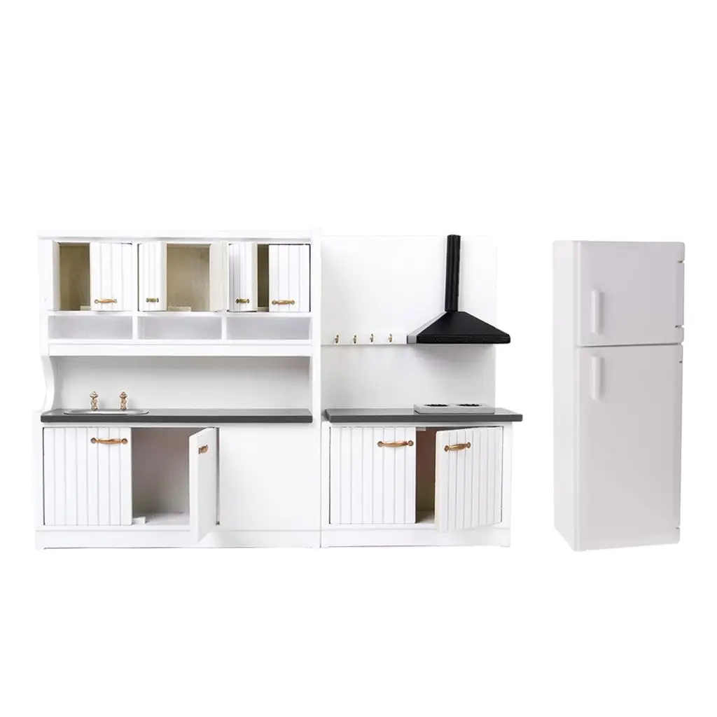 1/12 Dollhouse Kitchen Cabinet Sink Refrigerator Set, Luxury