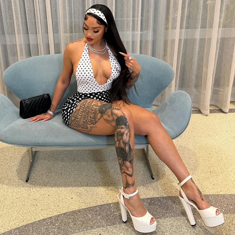مثير دوت طباعة Bodycon Playsuits امرأة رومبير أكمام الرسن الخامس الرقبة عارية الذراعين المرقعة نحيل نادي حفلة قطعة واحدة داخلية