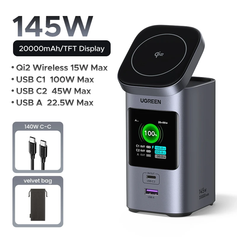 UGREEN 145W 20000mAh Power Bank Qi2 15W Magnetische Draadloze Powerbank Station PD3.1 Externe Batterij voor Laptop 100W Snel Opladen