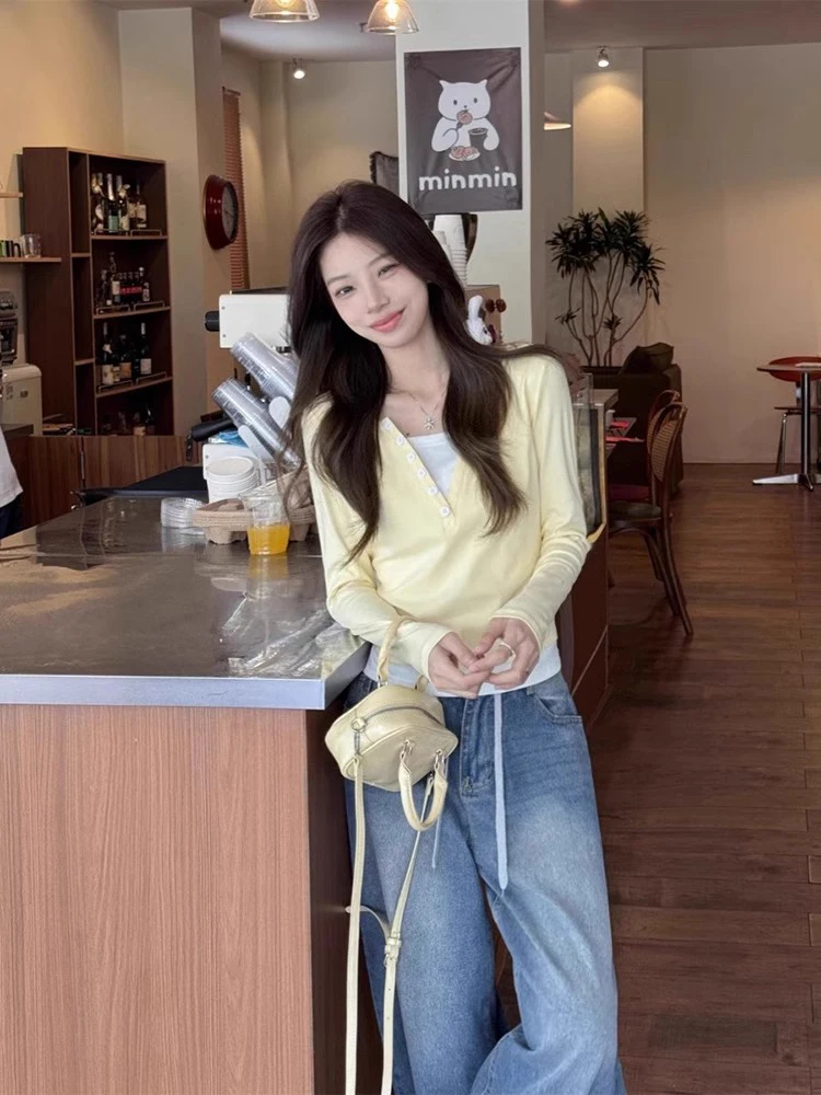 Slim Fit Or Svel Camiseta feminina longa Sve V-ne mistura de algodão e poliéster outono top fofo camada base Sle irt