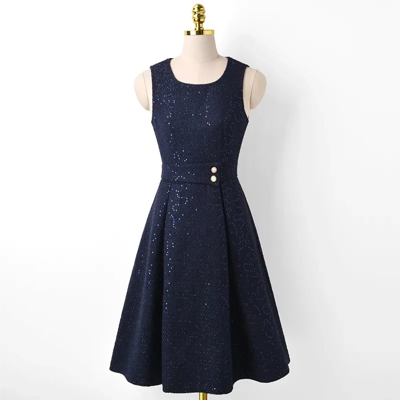 Vestido de lã sem mangas feminino com lantejoulas, vestidos de duas camadas, colete elegante, azul marinho, roupas da moda, outono, inverno, 2022