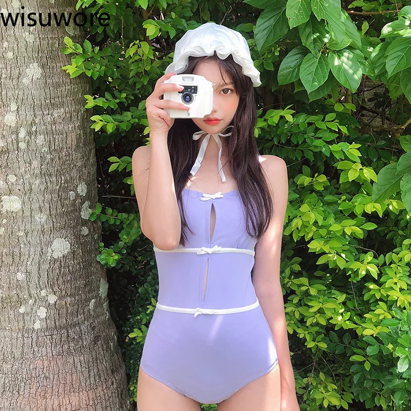 

Wisuwore Korean Style Women Swimsuit Monokini One Piece Swimwear Cute Girl's Solid Teenage Padded New Women Summer Bathing Suit