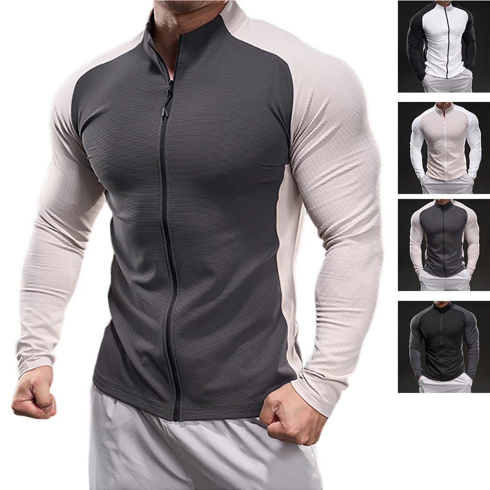 Men's Long Sleeve Compression Shirt Running Training Top High Neck Zipper Gym Clothing