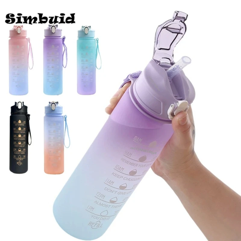 600ML/750ML/1000ML Sports Bottle with Time Scale Outdoor Gradient Color Drinking Bottle Portable Fitness Motivational Straw Mug