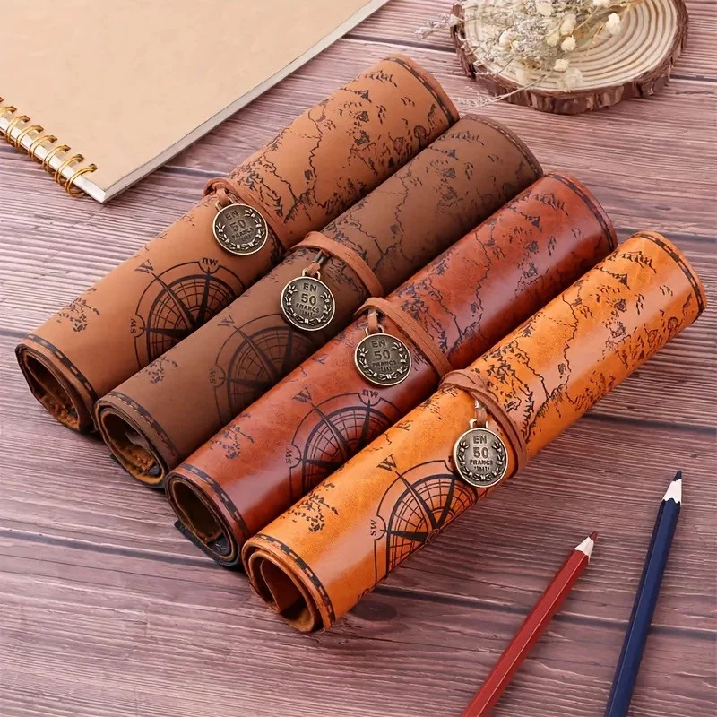 1PC Vintage Treasure Map Pencil Case Leather Roll-Up Pouch With Embossed Buckle Large Capacity School Office Organizer Gift ﻿