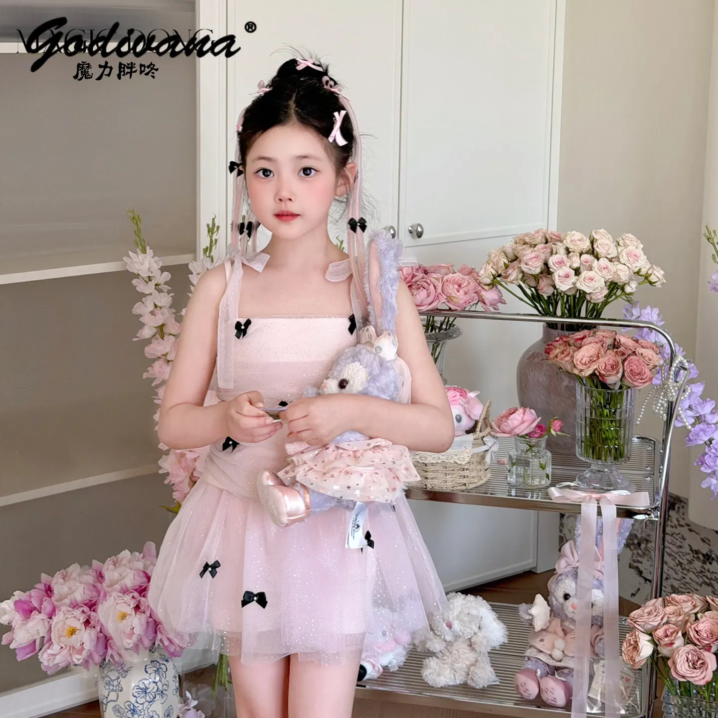 Original Sweet Baby Girls Mesh Suspender Top and Skirt Princess Two Pieces Set Kids 2026 New Summer Mesh Sequin Bow Casual Suit