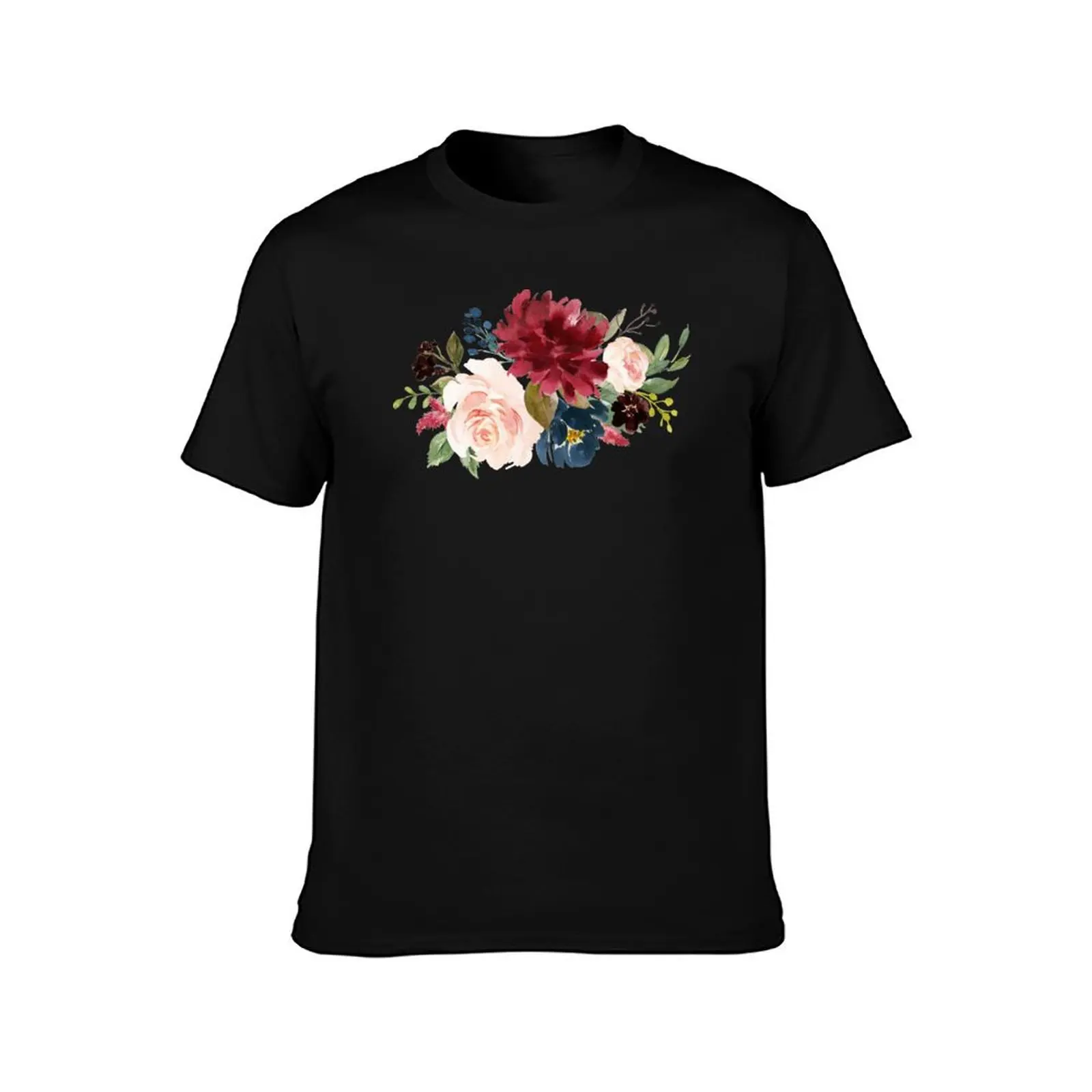 Burgundy Navy Peach Watercolor Flowers T-Shirt Lightweight Casual Summer T-Shirt