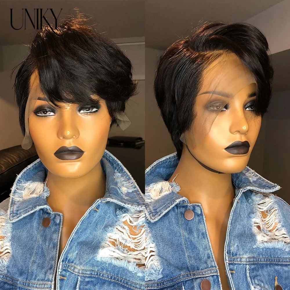 Short Bob Wig Pixie Cut Wig Straight Human Hair Wigs Cheap T Part Transparent Lace Side Part Wig For Women Pre Plucked Hairline