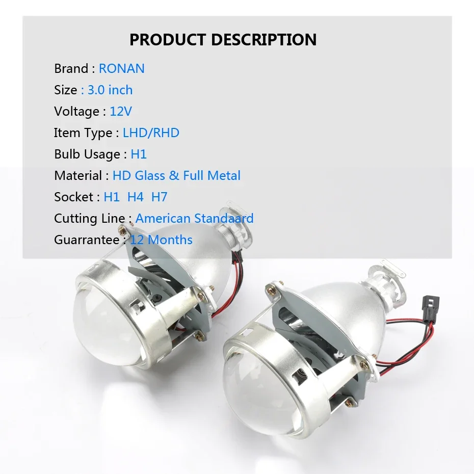 Ronan 3.0\'\' Pro Metal Lens Headlight Bi-Xenon Retrofit Projector Colorful Devil LED Angel Eyes Upgrade H4 H7 Headlight Using H1