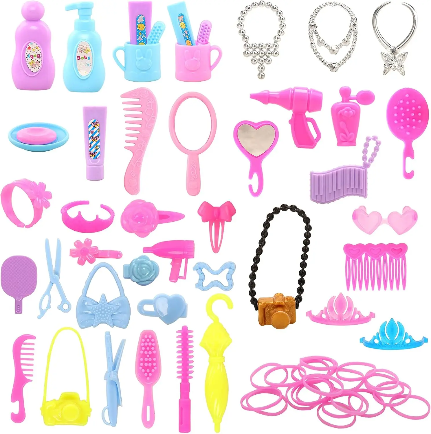 BARWA 43 PCS Doll Accessories Travel Toiletries Clip Bag Crown Necklace Comb Camera Rubber Band