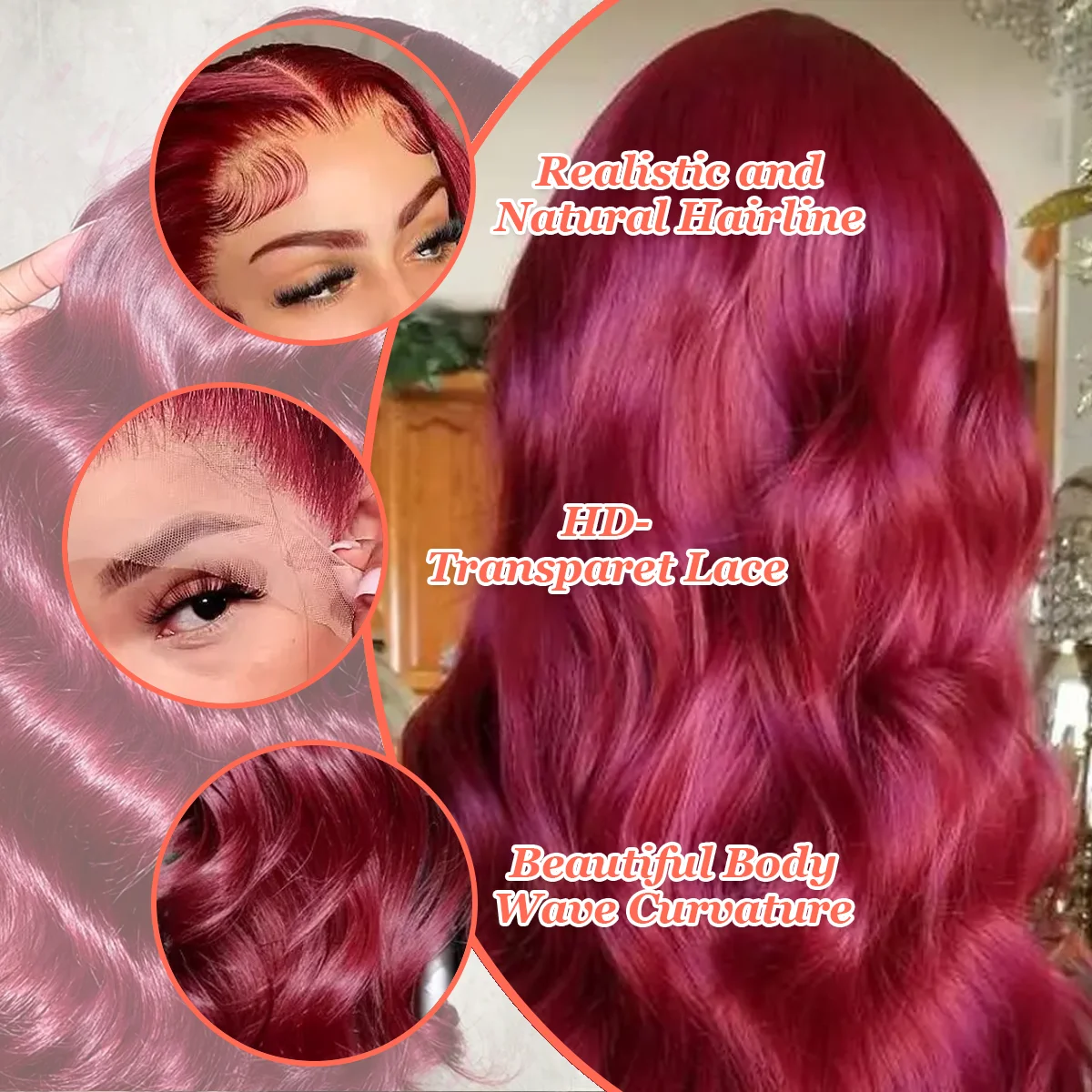 36 дюймов 99J Бордовый 220% Плотность Объемная волна 13x4 13x6 HD Прозрачный парик фронтальной части шнурка Бразильские парики из человеческих волос для женщин