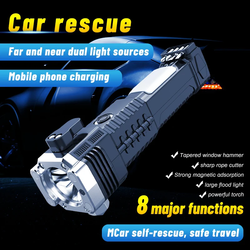 High Power LED Flashlight With Hammer Self Defense Rechargeable C Type Torch Light Lantern Power Bank For Camping Fishing