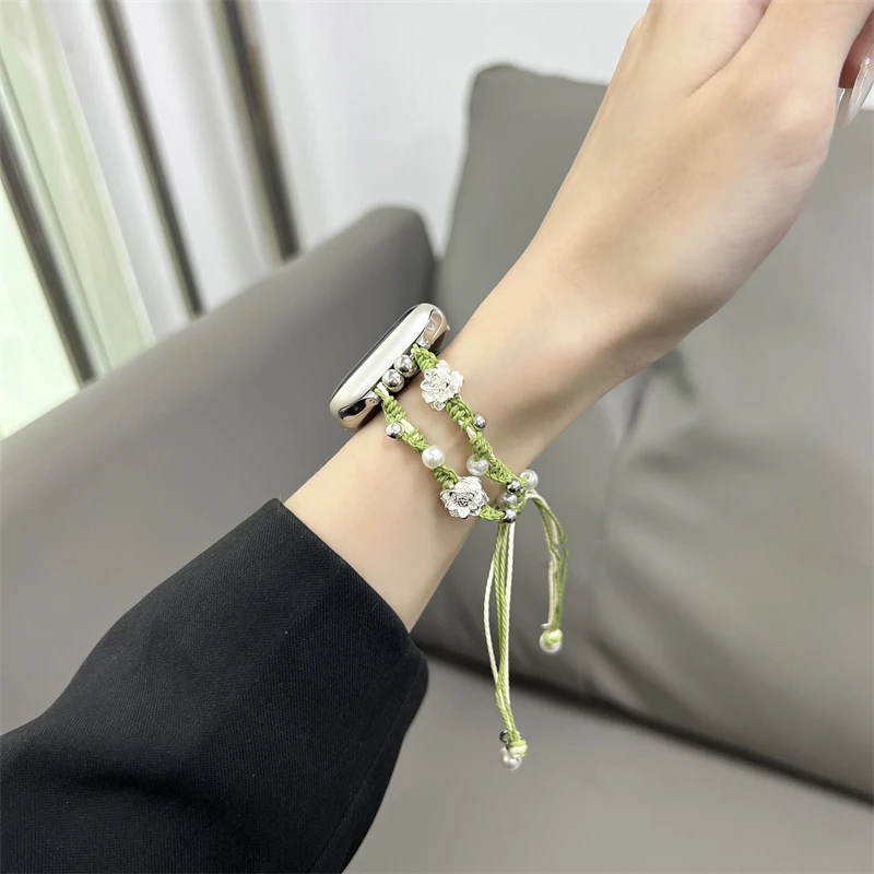 Ins Pearl Flowers Strap For Apple Watch Series 9 8 7 6 SE 4 5 45/44/42mm Woven Nylon Bracelet IWatch Ultra2 49mm 40mm 38mm Woman