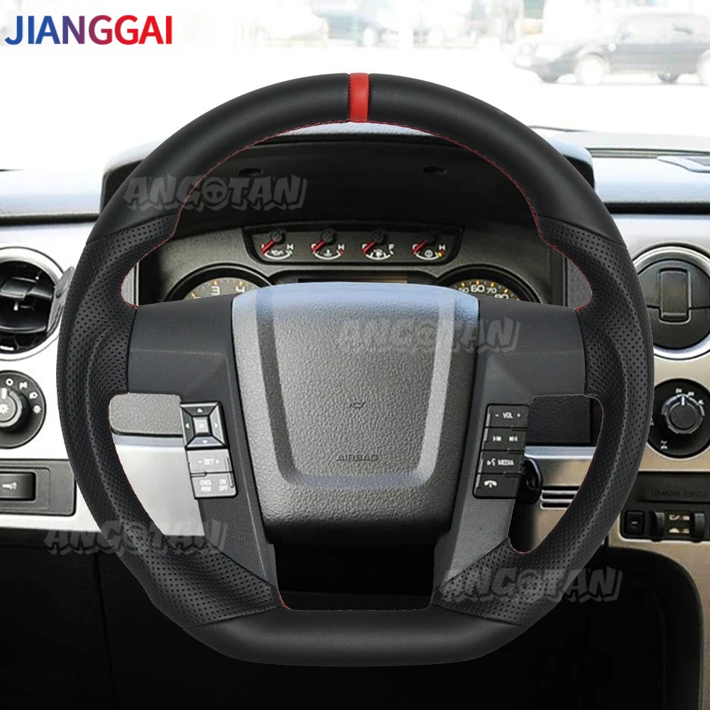 Full Leather Steering Wheel For Ford F150 2009-2014 D-shaped Flat Bottom Steering Whee Red Stitch Without Heated No Paddle Hole
