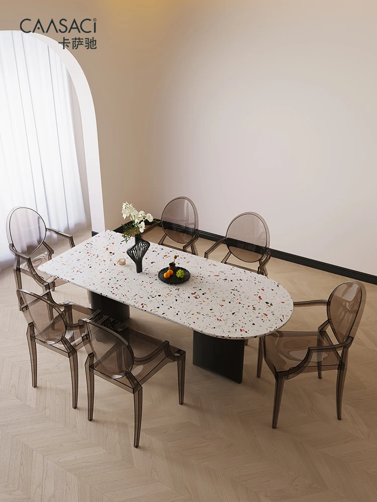 Terrazzo Dining Tables and Chairs Set Stone Plate Cream Style Semicircle Kitchen Island Dining Table