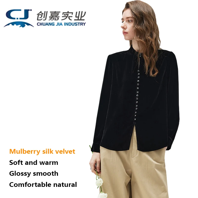 High-end Silk Velvet Women's Shirt Elegant and Graceful Standing Collar Long-Sleeved Top Outdoor Business Casual Wear Shirt