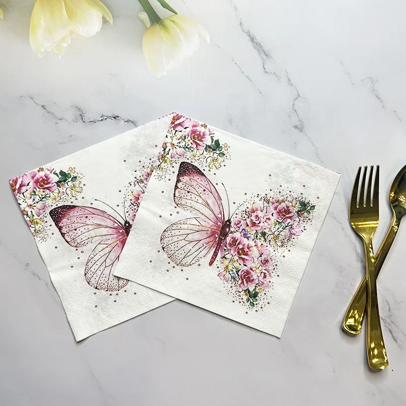 20pcs 33cm 2Layer New Butterfly Printed Napkins Pink Butterfly Flowers Party Decoration Paper Picnic Mat DIY Decoupage Paper