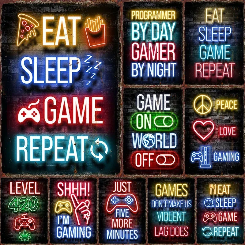 Neon Light Gamepad Metal Tin Sign Game Room Wall Decor Plaque Internet Bar Retro Poster Home Children's Study Iron Sheet Pain