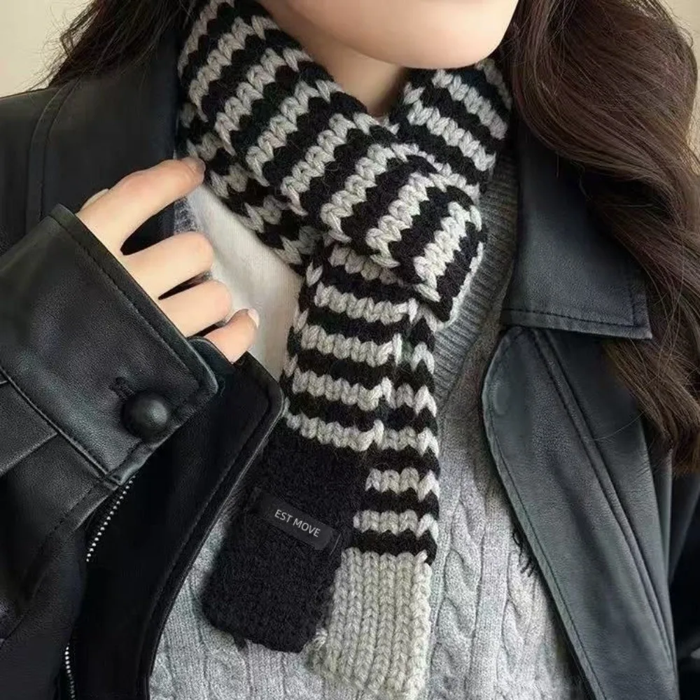 Sweet Harajuku Striped Scarf Korean Style Neck Wrap Long Narrow Scarves Y2K Style Warm Knitted Neck Guard Ladies