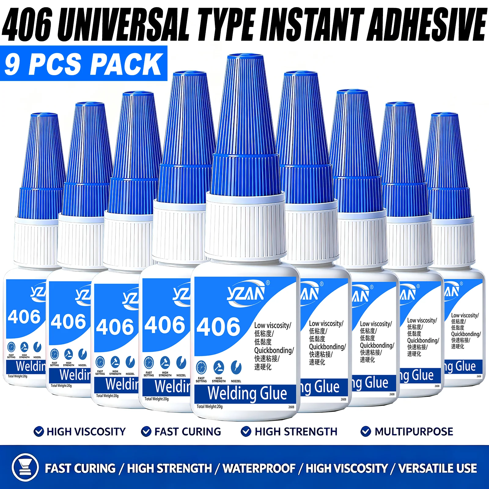 406 Instant Adhesive Super Glue 9Pcs 20g Fast Curing High Strength Waterproof Multipurpose for Metal Wood Plastic DIY Repair
