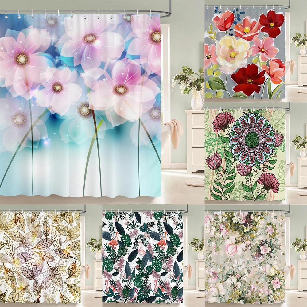 

3d Printing Flowers Shower Curtains Bathroom Curtain Waterproof With Hooks Polyester Cloth 180x240cm Bath Home Decor Screen