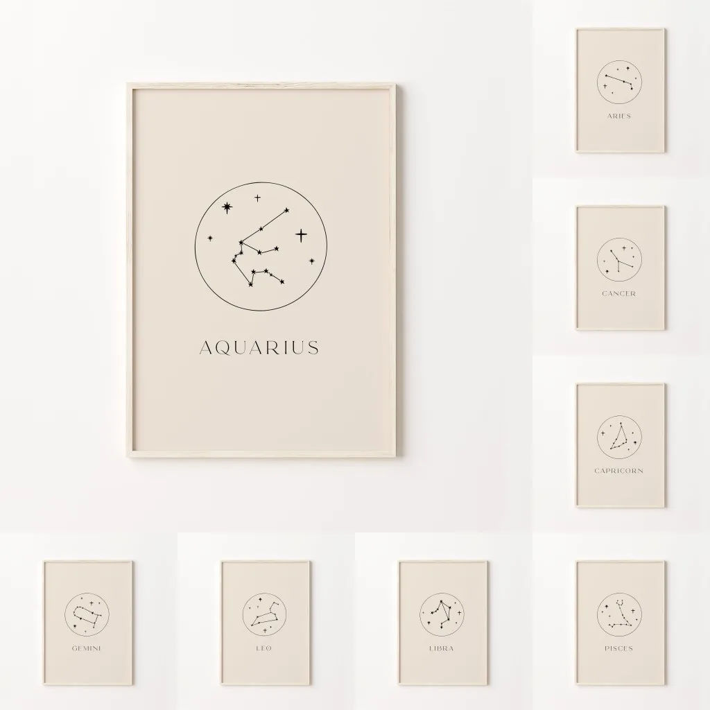 Minimalist Astrology Art Print Cream Beige and Black Zodiac Home Wall Decor Star Sign Neutral Constellation Canvas Poster
