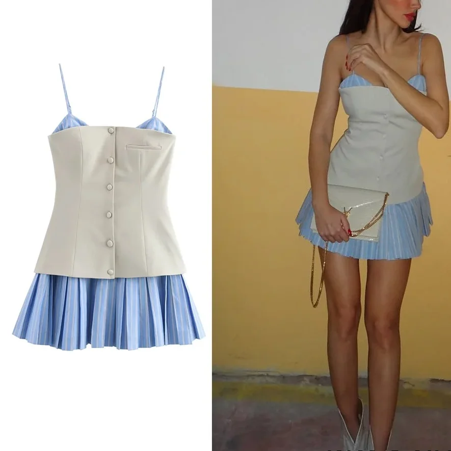 فستان KONDALA للسيدات لخريف أزرق وأبيض قصير فستان كامي بأزرار مخططة جديد 2025 لربيع وصيف رومانسي لقضاء العطلات على الشاطئ فستان قصير