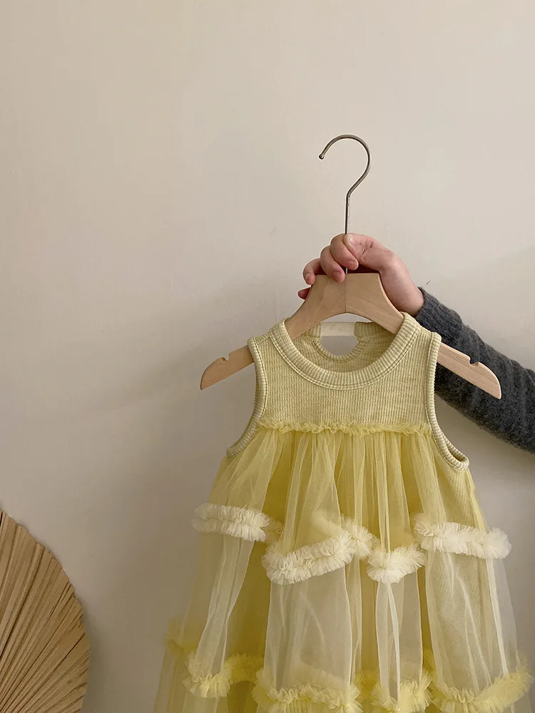 Vestido de hadas para niña, novedad de verano 20225, vestido elegante sin mangas de retazos de malla, vestido de princesa elegante para niños