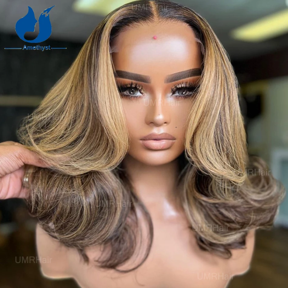 Peruca de destaque marrom e loira, Parte profunda 13x6, Lace Front Wigs, Layered Wave, Ombre Blonde, Perucas sem cola para W