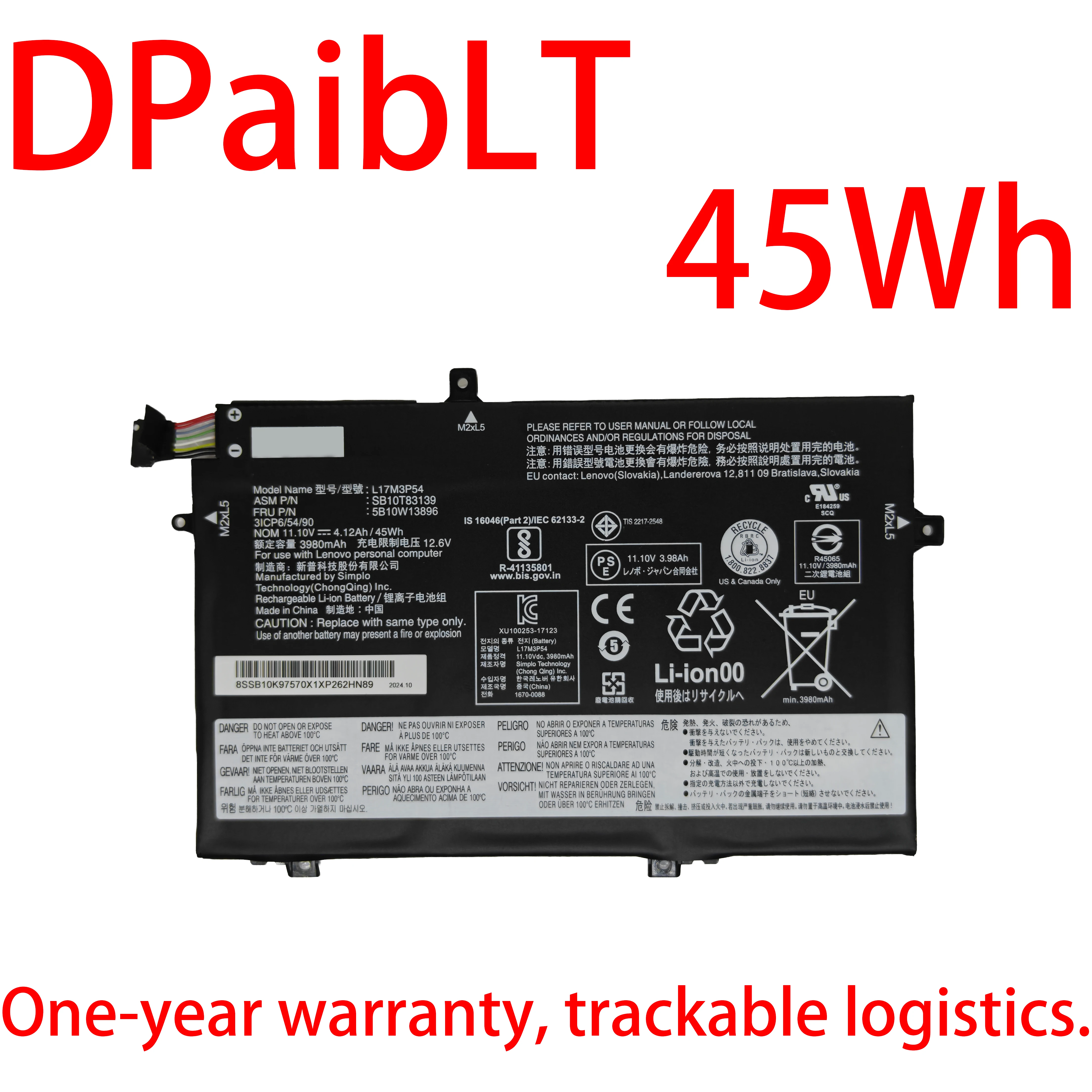 

DPaibLT НОВЫЙ 45Wh 11.1V L17M3P54 L17C3P52 L17M3P53 АККУМУЛЯТОР ДЛЯ НОУТБУКА Lenovo ThinkPad L480 L480-20LT L580 L580-20LX Series