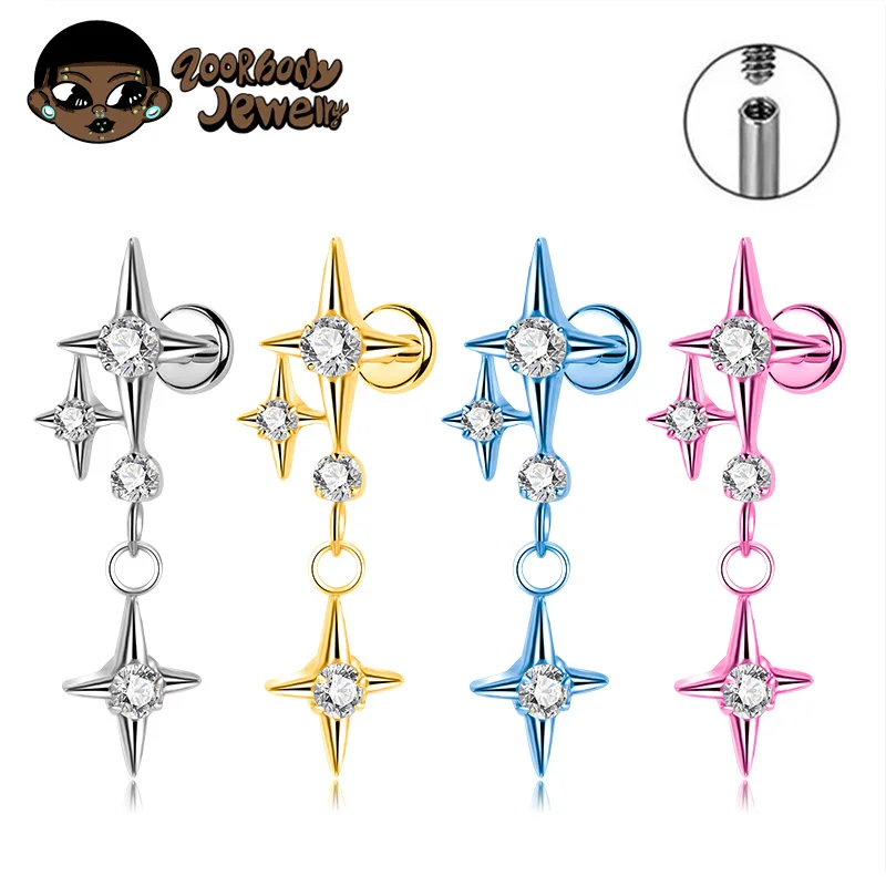 

ASTM F136 Titanium Star Cloud Pendant Dangle Lobe Flat Piercing Punk Ear Studs Gothic Earrings Helix Cartilage Internal Thread