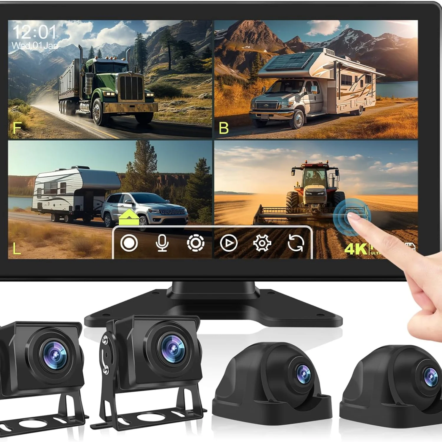 

10.1" 1080P Wired Backup Camera System Kit, Color Night Vision Touch Screen DVR Recording Waterproof 4 Split Screen Rear Side Vi