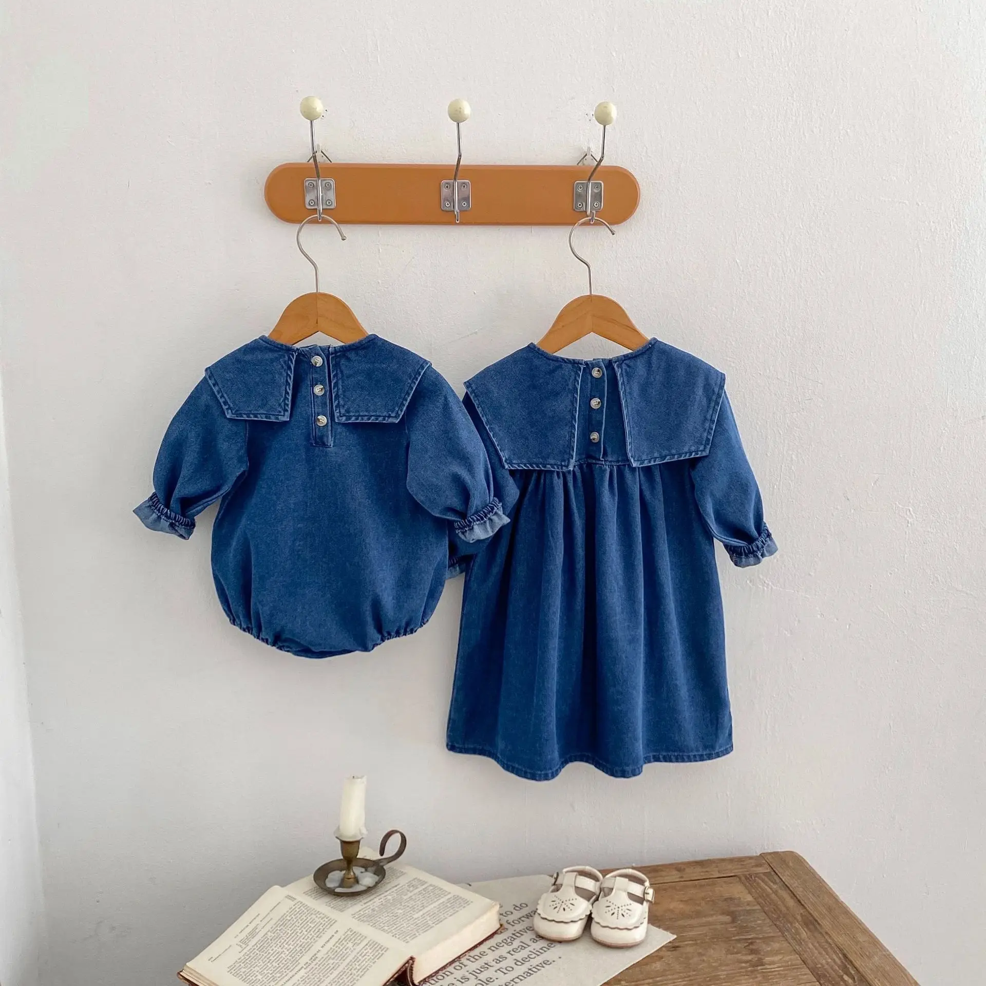Baby Girls Denim Dress Big Lapel Collar Long Sleeve Solid A-line Jean Dresses Spring Fall Kids Boy Matching Blue Romper