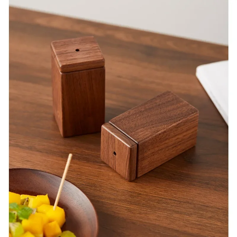 Toothpick Box Black Walnut Wood Home Wheat Straw Toothpick Holder Container Portable Pop-Up Toothpick Dispenser