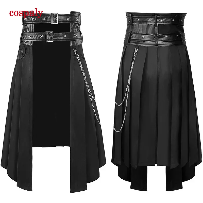 A Women Steampunk Men Skirts Medieval Cosplay Pirate Punk Maxi Shirring Dress Gothic Black Sexy Corset Matching Skirts