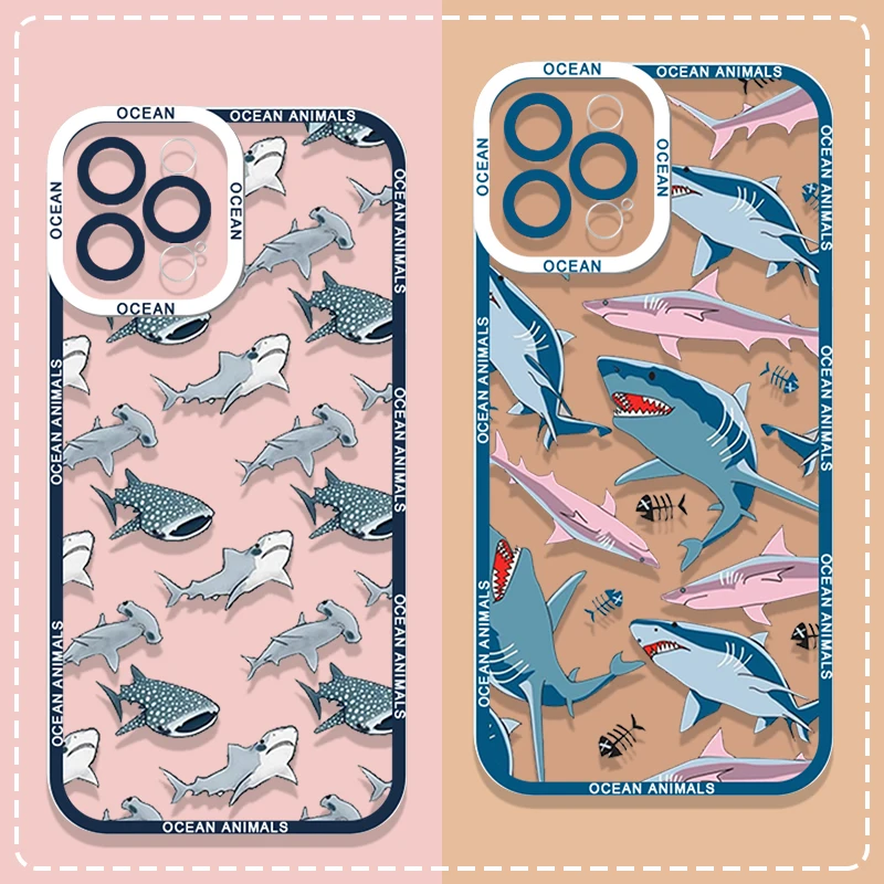 Cartoon-Ozeanhai-Handyhülle für iPhone 17 16 15 11 12 14 13 Pro Max Mini XS XR 7 Plus 16E Stoßfeste Transparente Schutzhülle Fundas